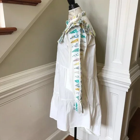 Sea NY Linden Patchwork Dress Womens XS Cream Blue Long Sleeve Ruffle Cotton - Picture 10 of 13